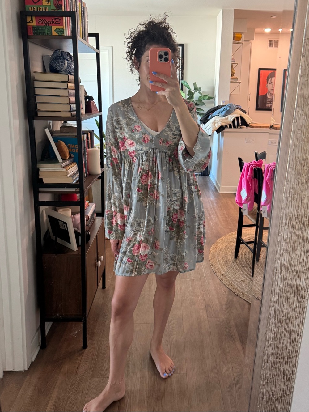 Denim & Supply Ralph Lauren Gray Floral V-Neck Babydoll Mini Dress